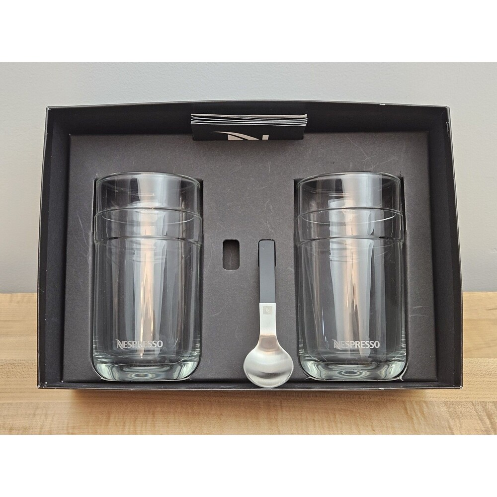 Nespresso Vertuo RECIPE Glasses Set of 2 Clear Glasses + Spoon w/ Box
